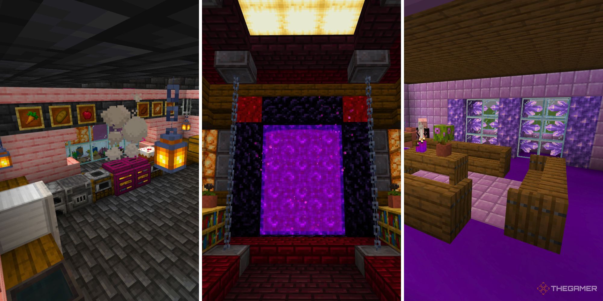 A split image of a pink and black kitchen with lanterns, a red and black nether portal roomo, and a purple amethyst lounge.