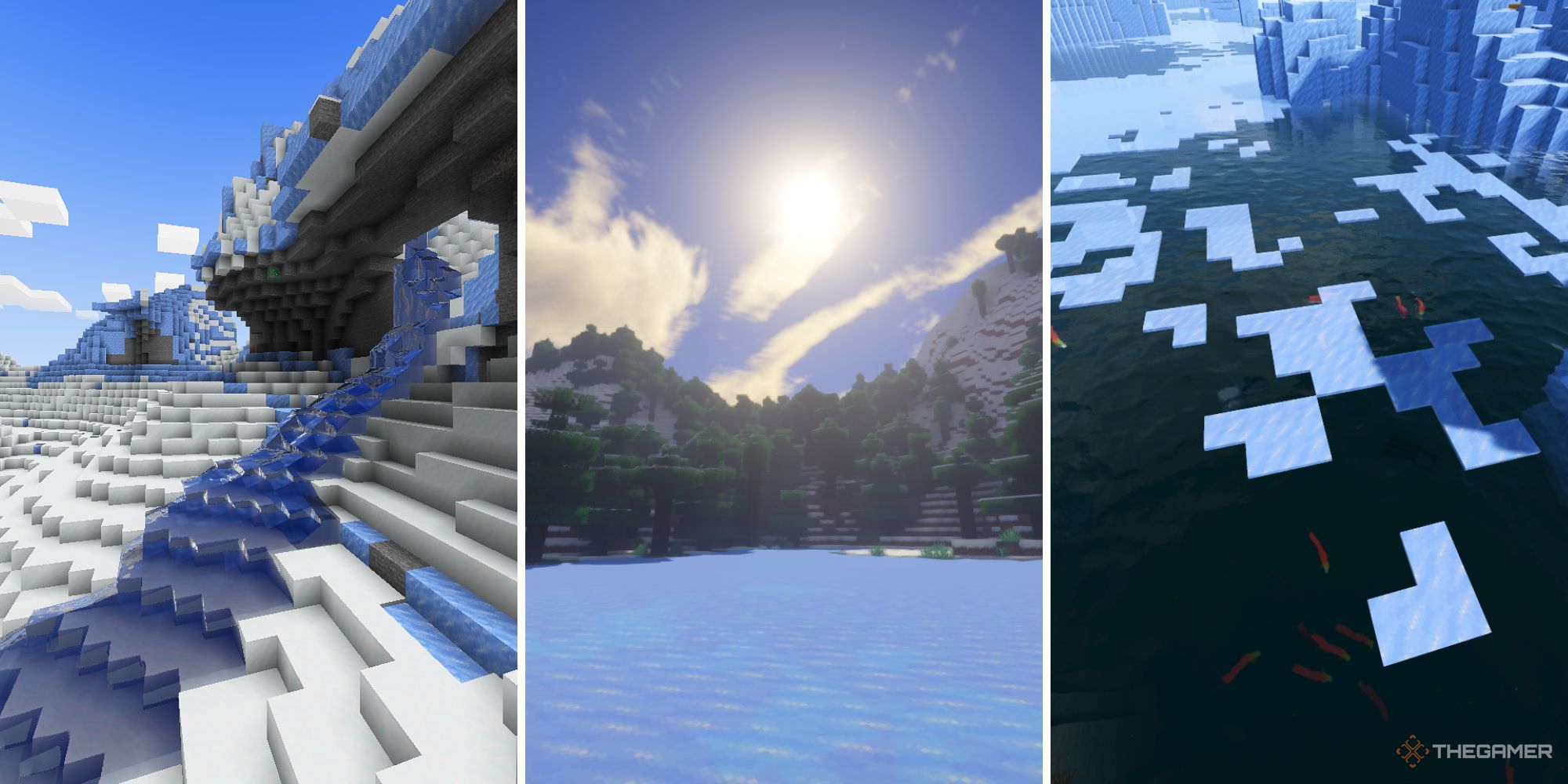 A split image of three, icy, snowy landscapes, each using different shaders that enhance lighting, water reflections, and more.