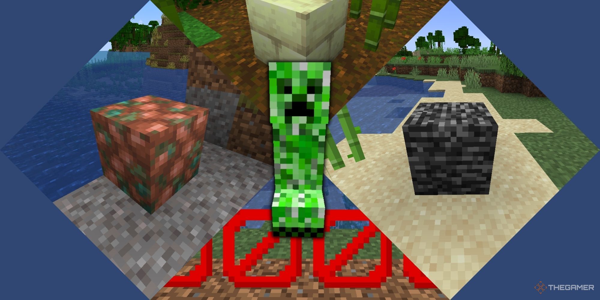 A green creeper overlayed on top of four diagonal frames showing bedrock, raw copper, End Stone Brick, and red Barrier blocks.