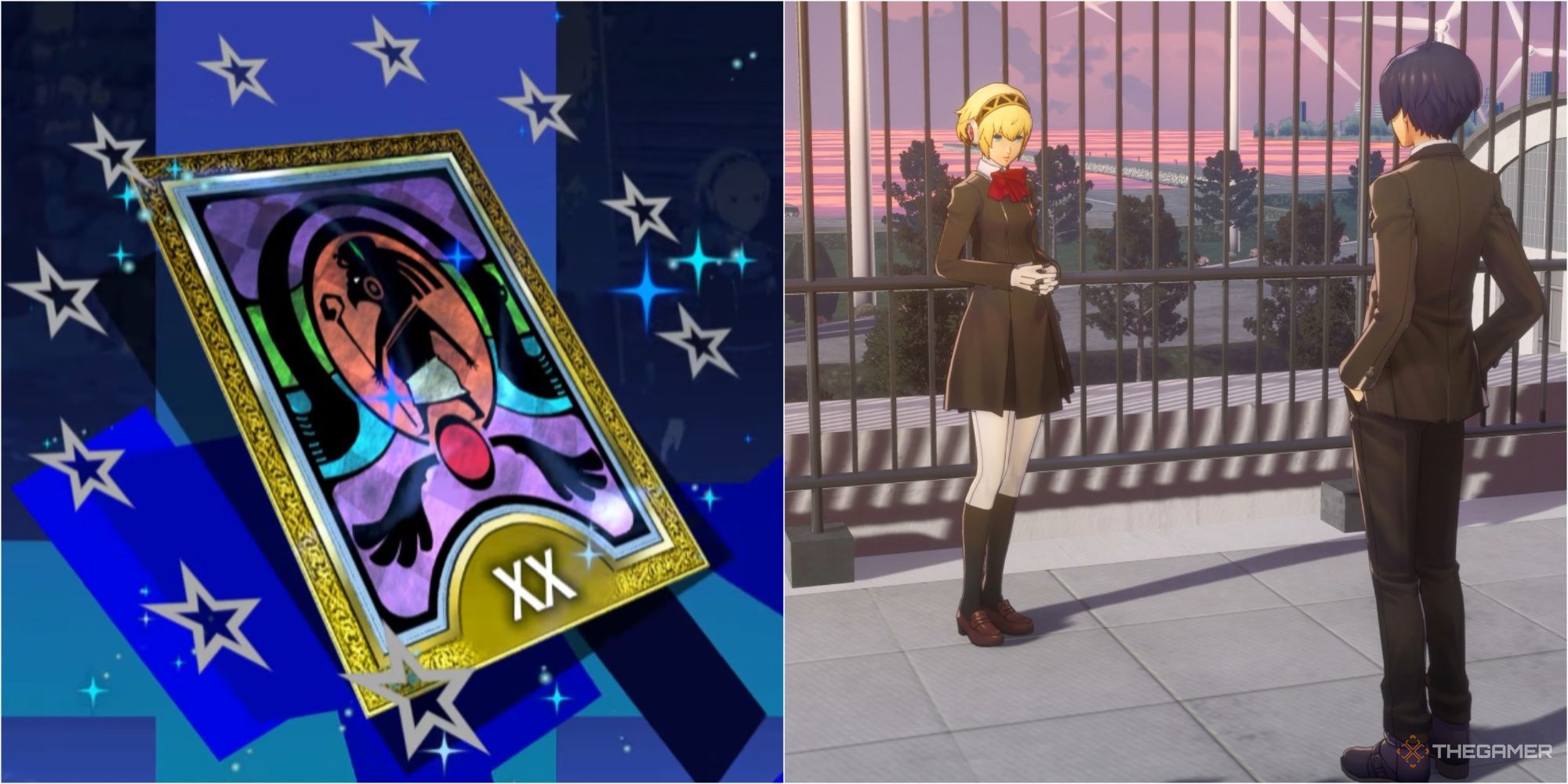 the aeon tarot card and aigis with the protagonist on the roof of gekkoukan persona 3 reload aigis social link p3r
