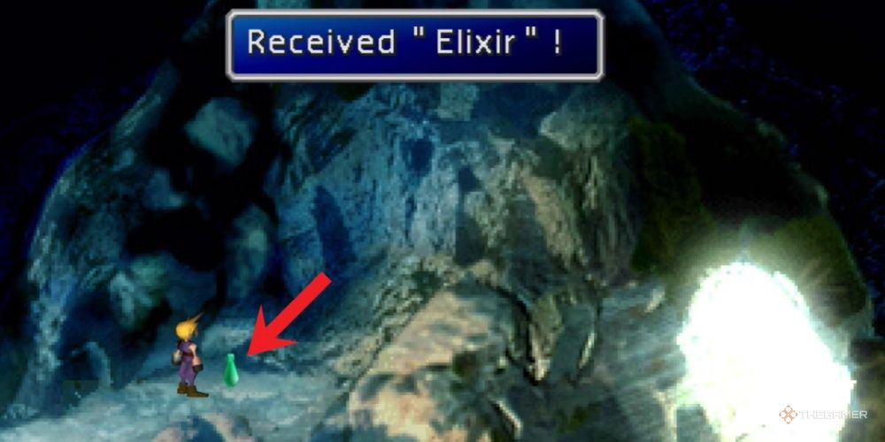 Cloud finding an elixir in a frozen cave during Final Fantasy 7.