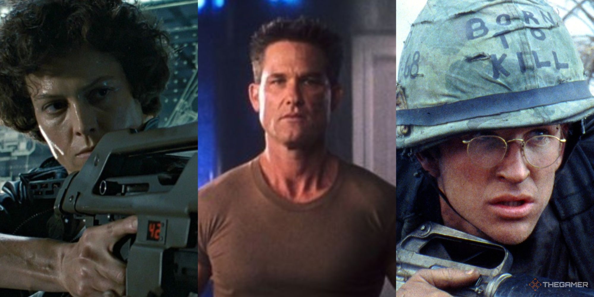 A collage of images from the films Aliens, Soldier and Full Metal Jacket. On the left, Ellen Ripley played by Sigourney Weaver hefts a rifle. In the centre, Todd played by Kurt Russell stands at ease. On the right, Joker played by Matthew Modine lies prone, rifle in hand, wearing a helmet with 