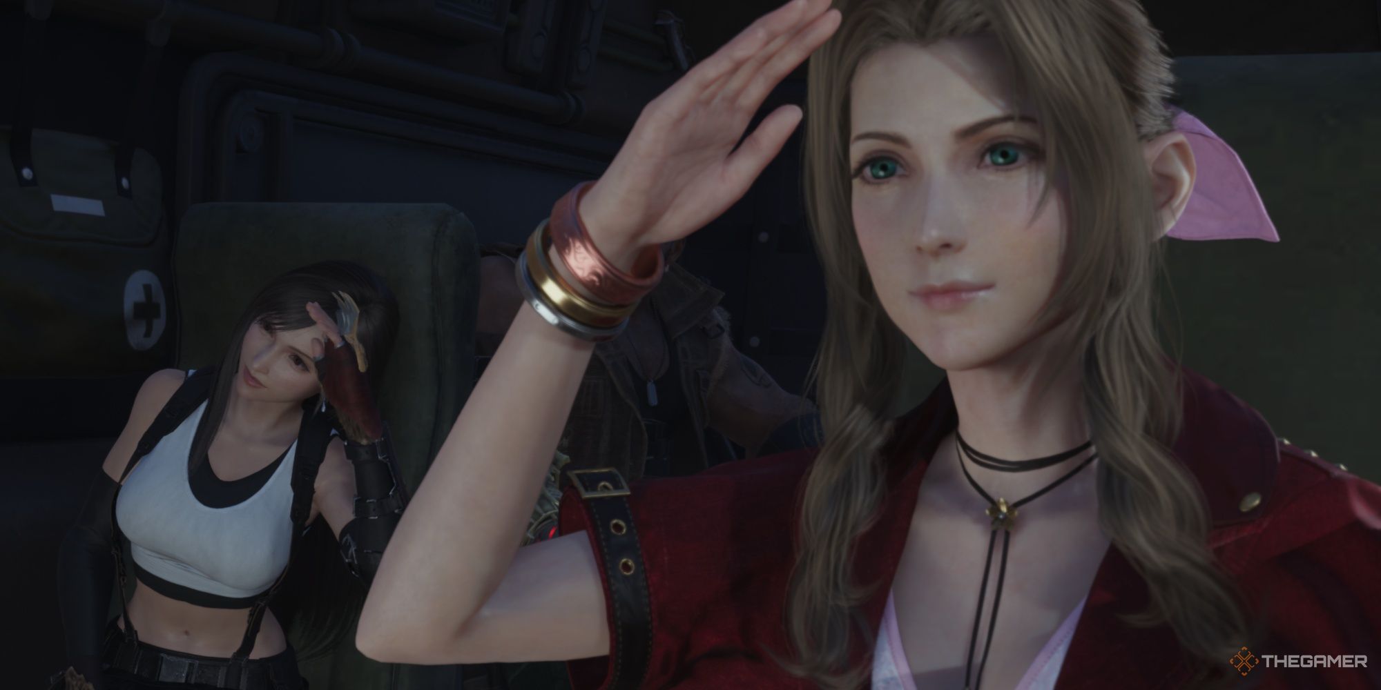 Final Fantasy 7 Rebirth - Aerith and Tifa giving a salute
