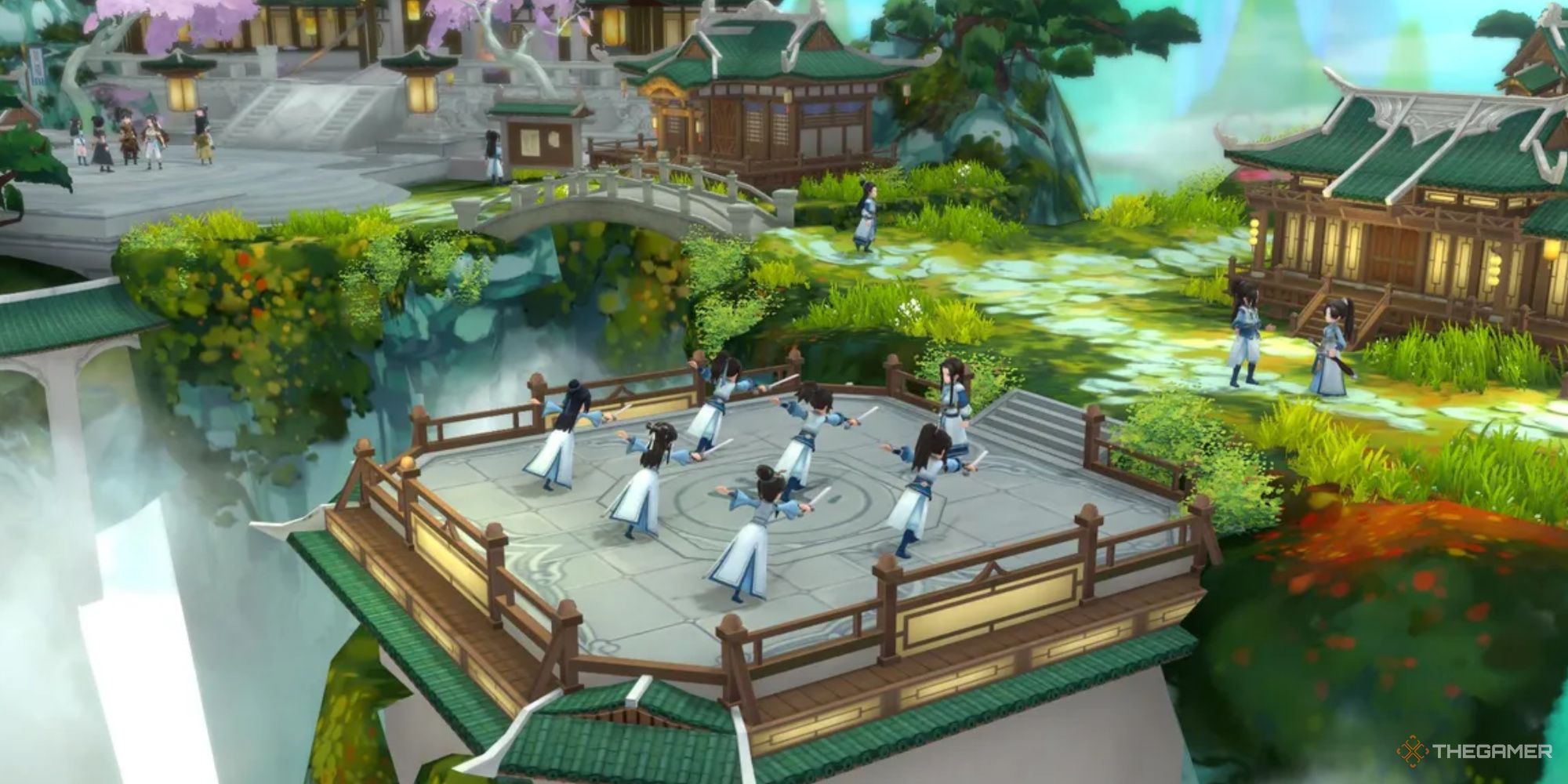 A group of people training with their master on an open area in Immortal Life.
