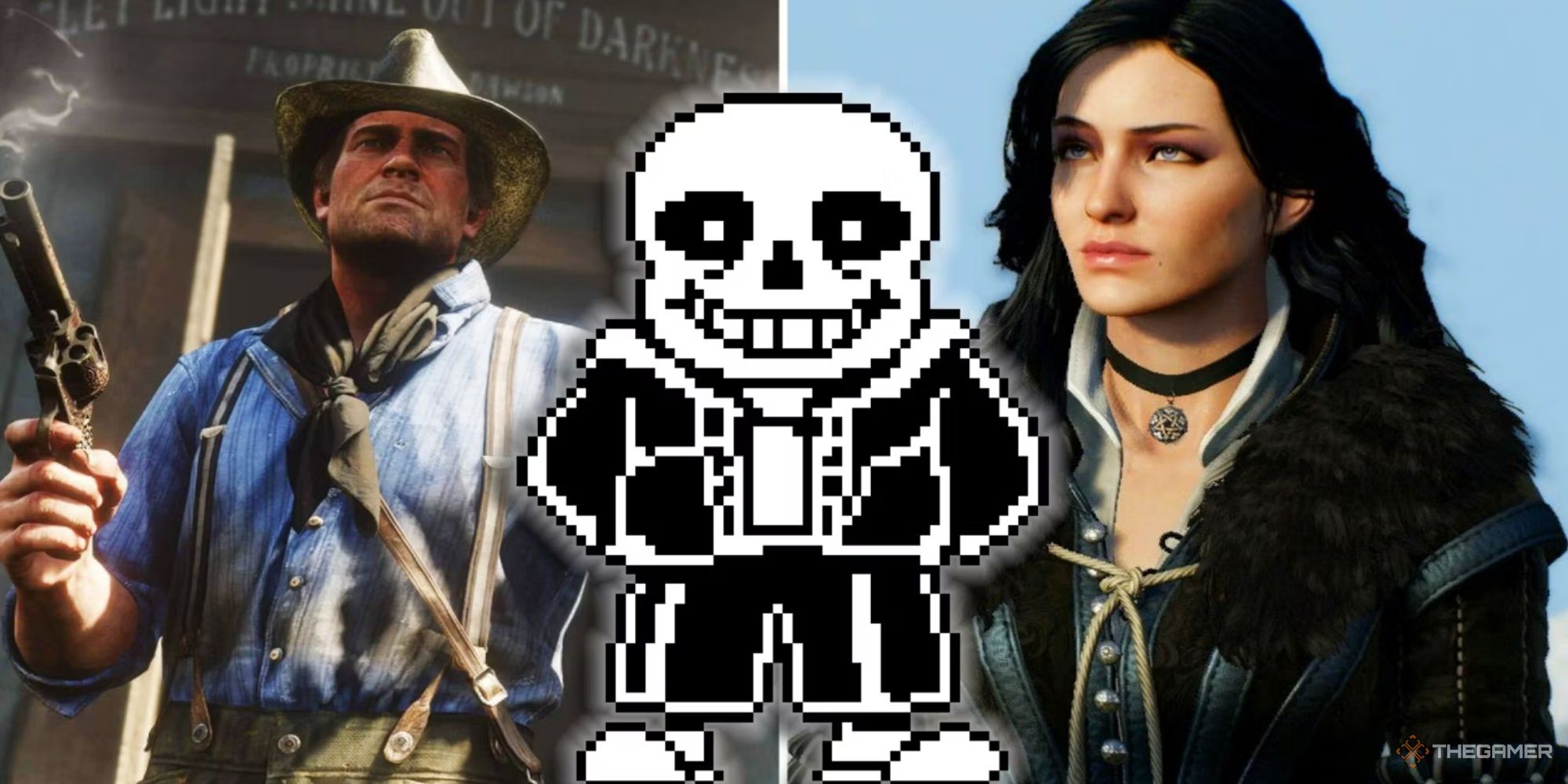 A collage showing Arthur from RDR 2, Sans from Undertale, and Yennefer from The Witcher.