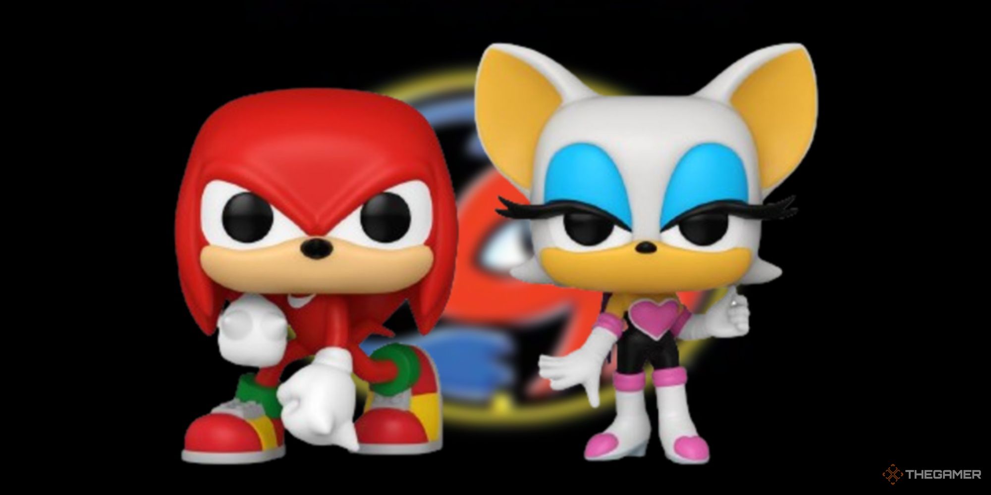 knuckles and rouge funko pops on the sonic and knuckles logo