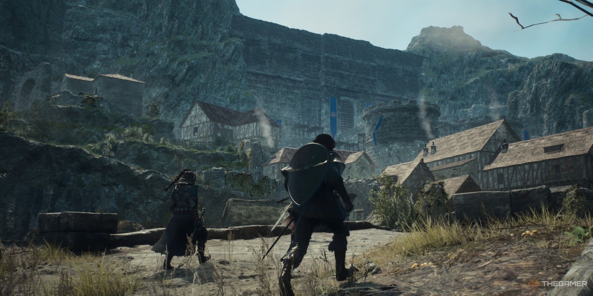 The prty walking towards Checkpoint Rest Town in Dragon's Dogma 2