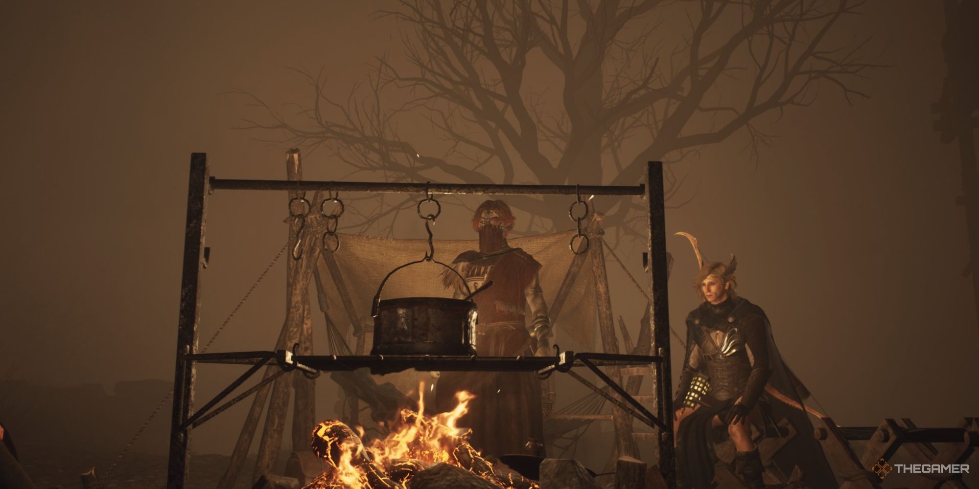 A Pawn and the Arisen stood in front of the cooking pot of a campfire at night