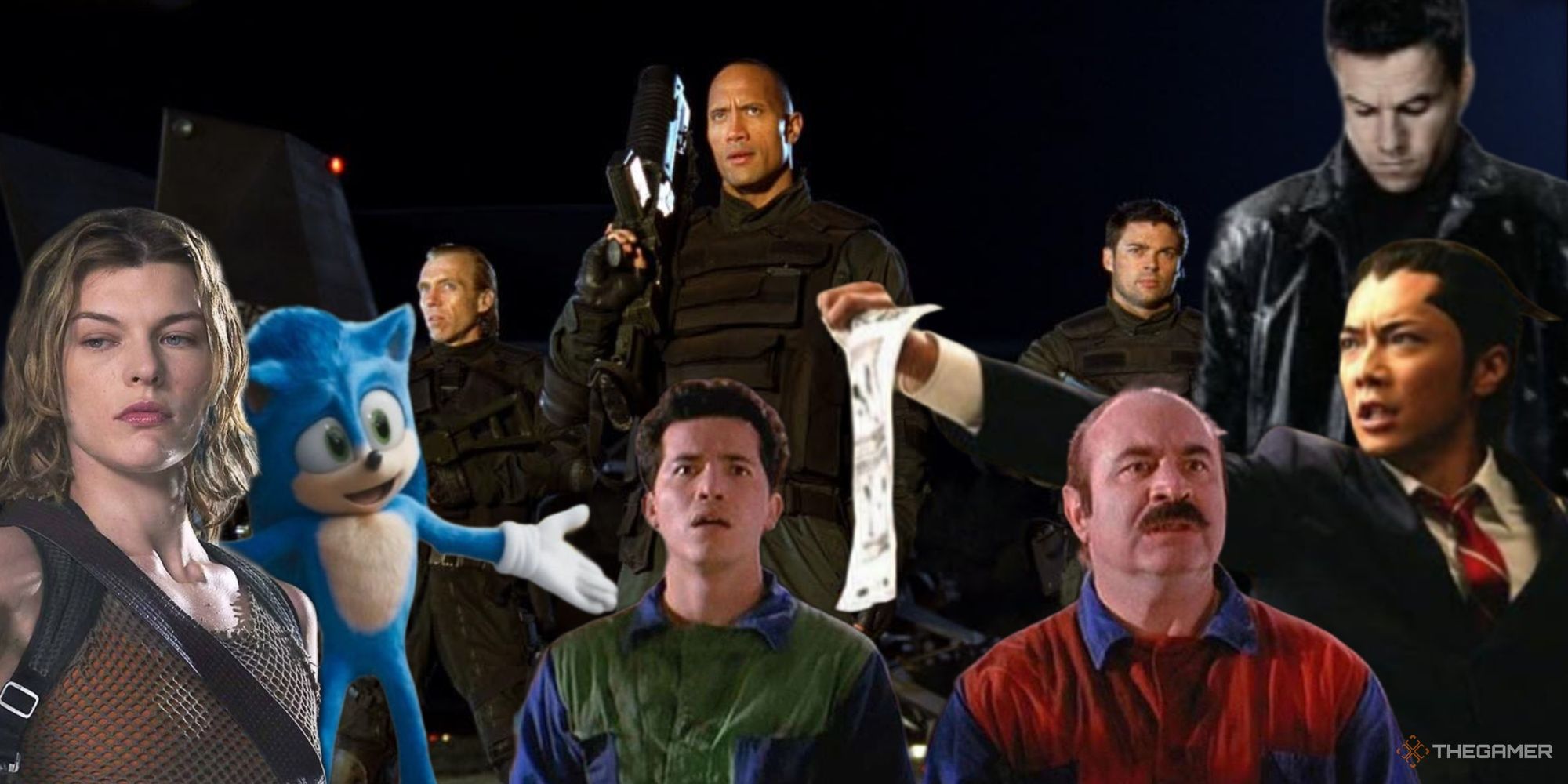 Collage of various characters from video game adaptations, featuring the cast of 2005's Doom, Milla Jovovich as Alice in Resident Evil: Apocalypse, Sonic, 1993 live-action Super Mario Bros., Mark Wahlberg as Max Payne, and Ace Attorney. 