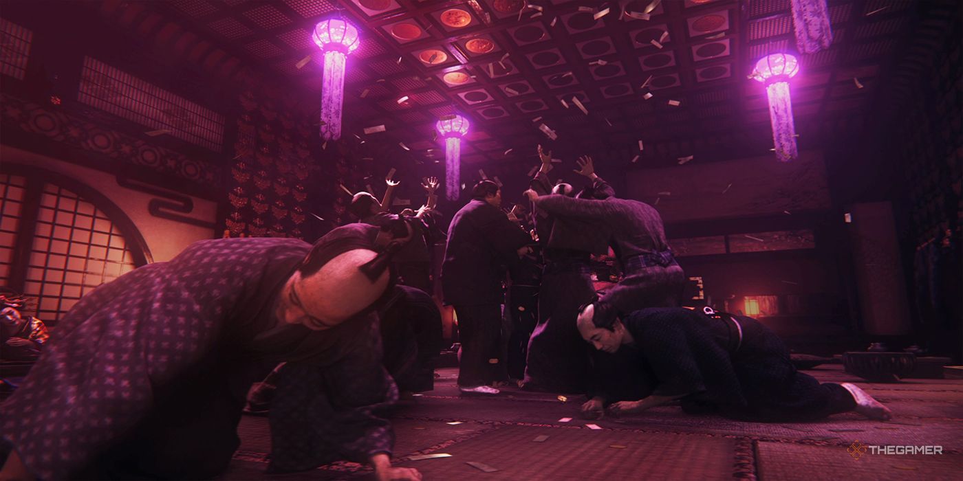 Japanese men scramble for coins getting thrown about in a room inside the Miyozaki Pleasure District in Rise Of The Ronin.