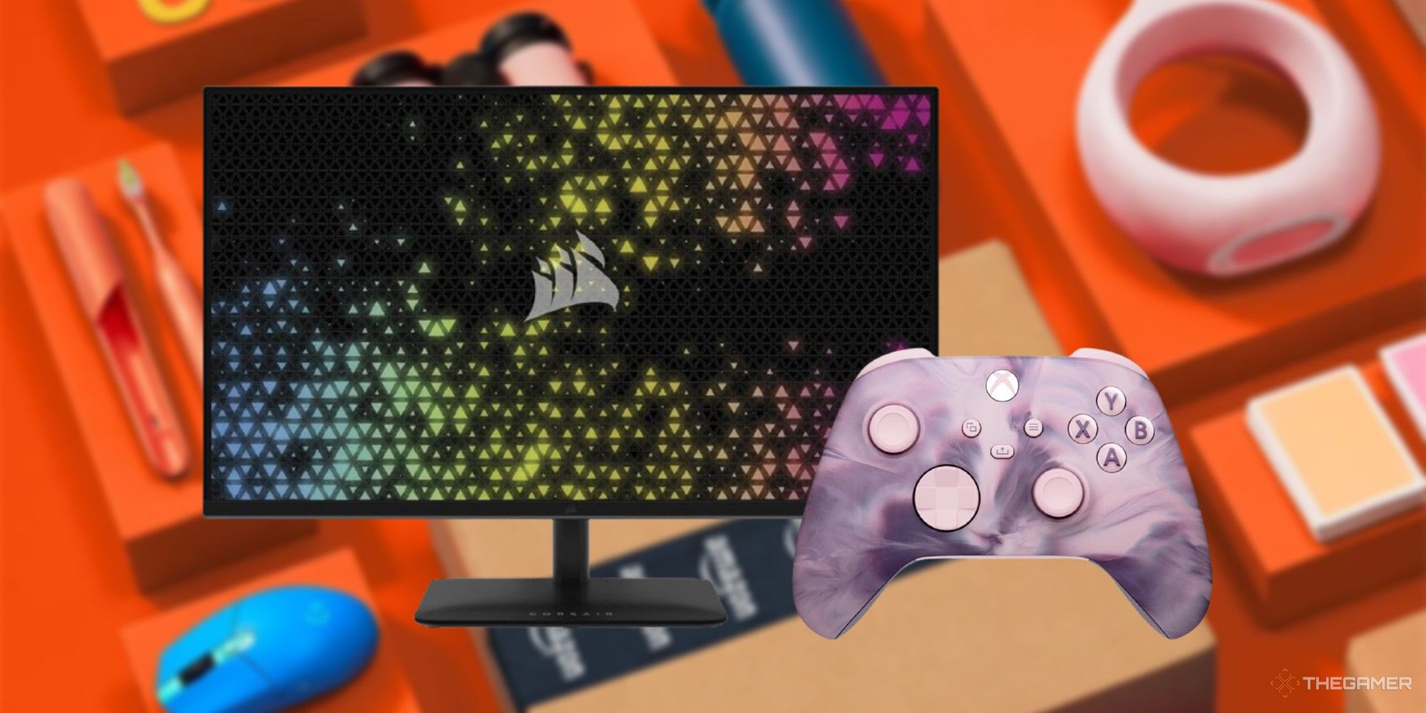 monitor and xbox controller on an amazon big spring sale background
