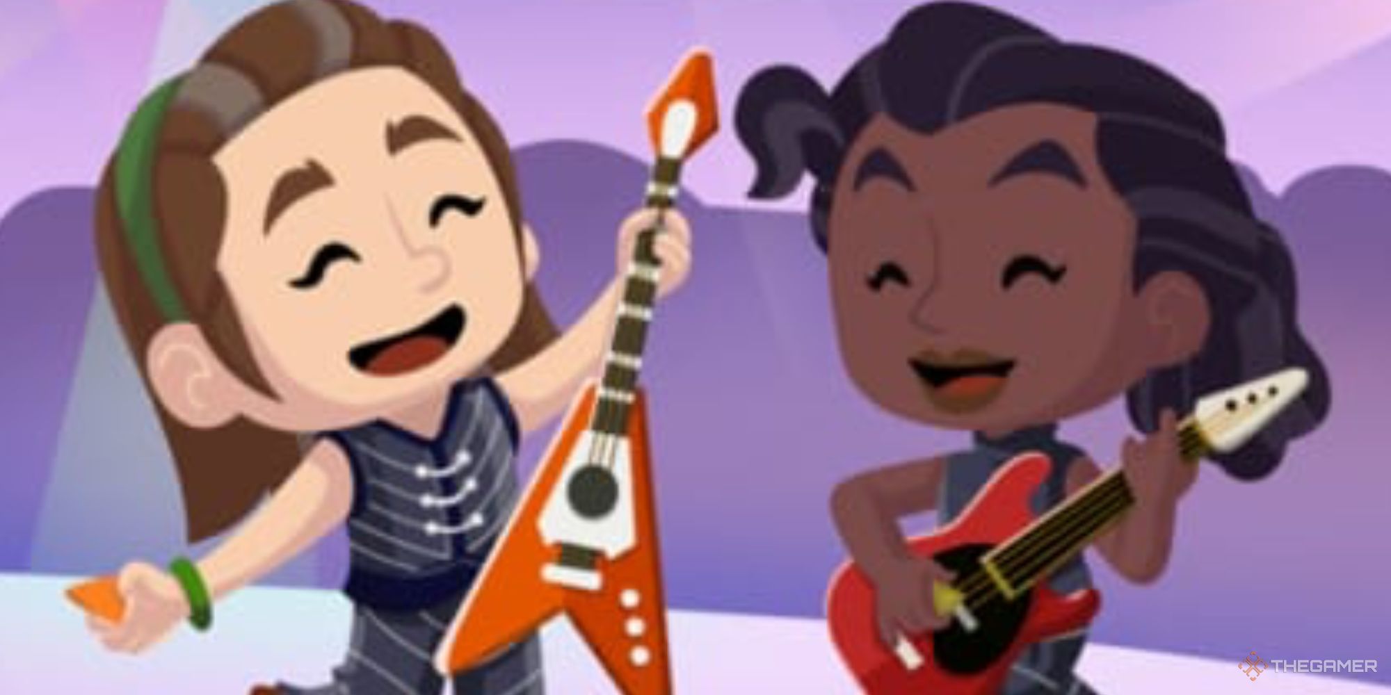 Ms. Monopoly jamming on guitar with her friend in Monopoly Go.
