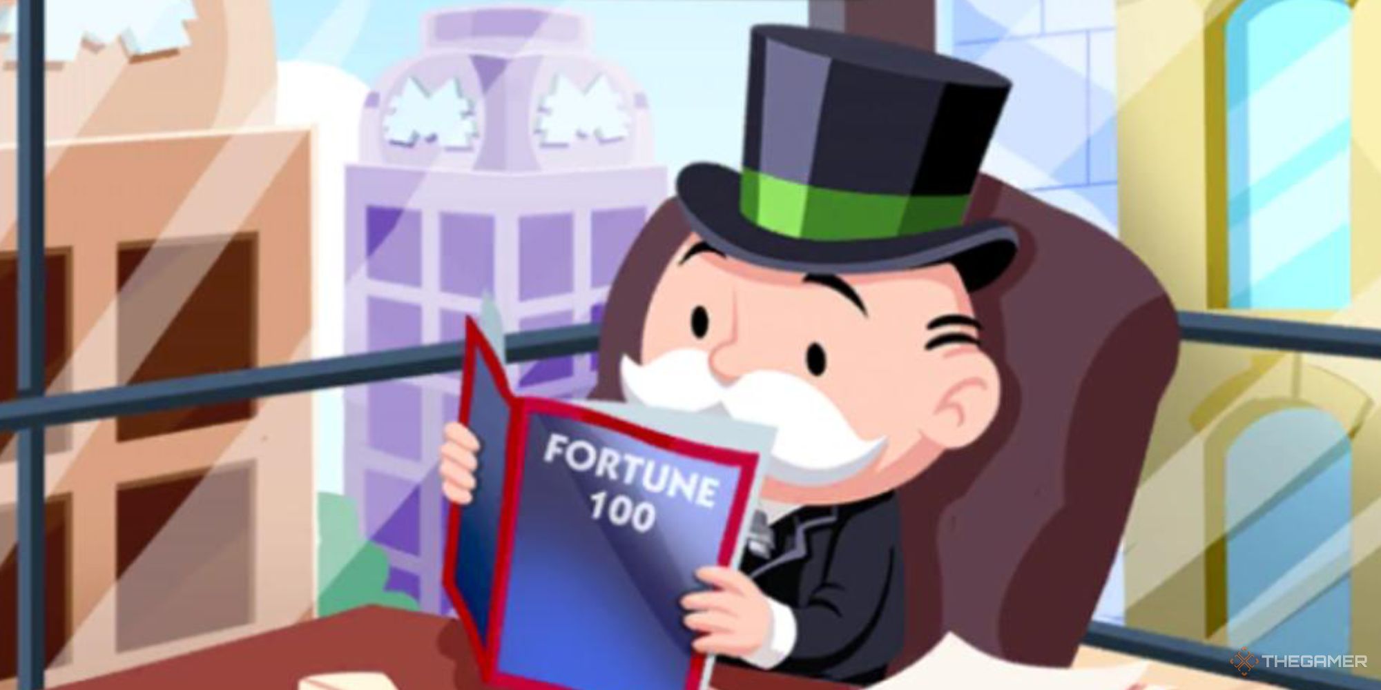 Mr. Monopoly reading a book titled Fortune 100 in Monopoly Go.
