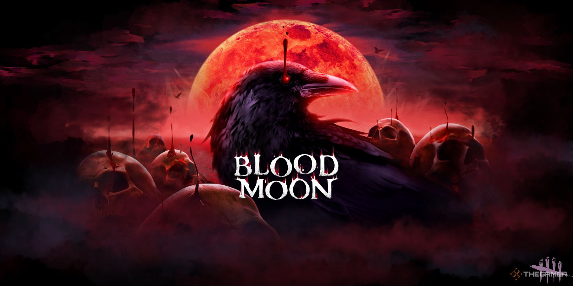 A crow with a bloodshot eye stands in front of a red blood moon.