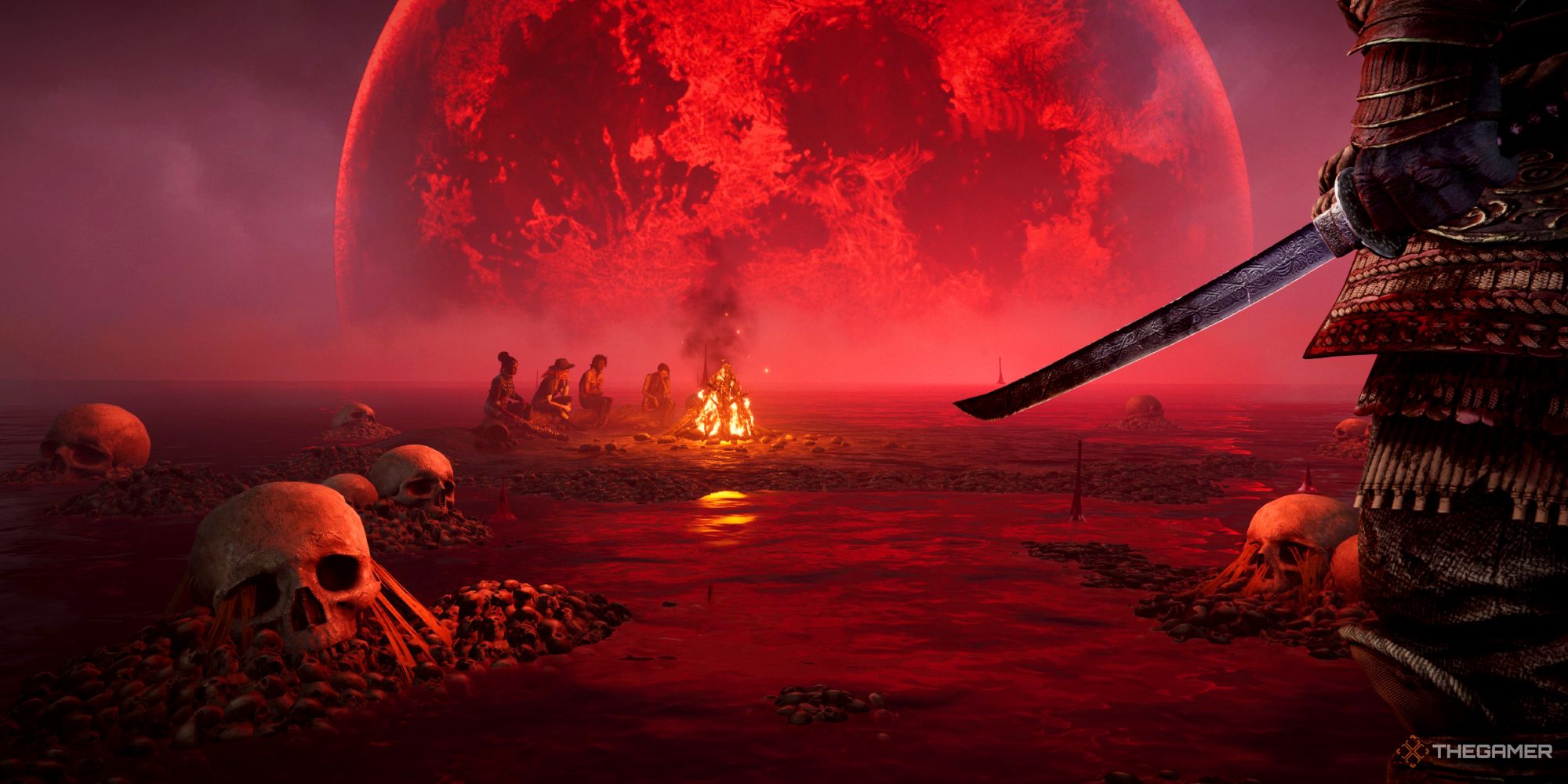 Lobby animation for Blood Moon event, with a large red moon in the background of the campfire.