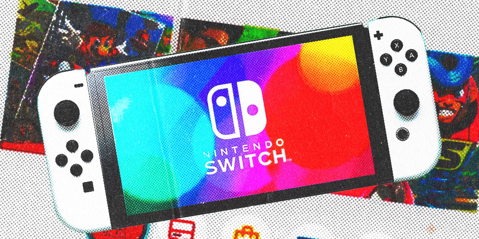 NEWS Nintendo Switch halftone paper effect over a Switch home menu