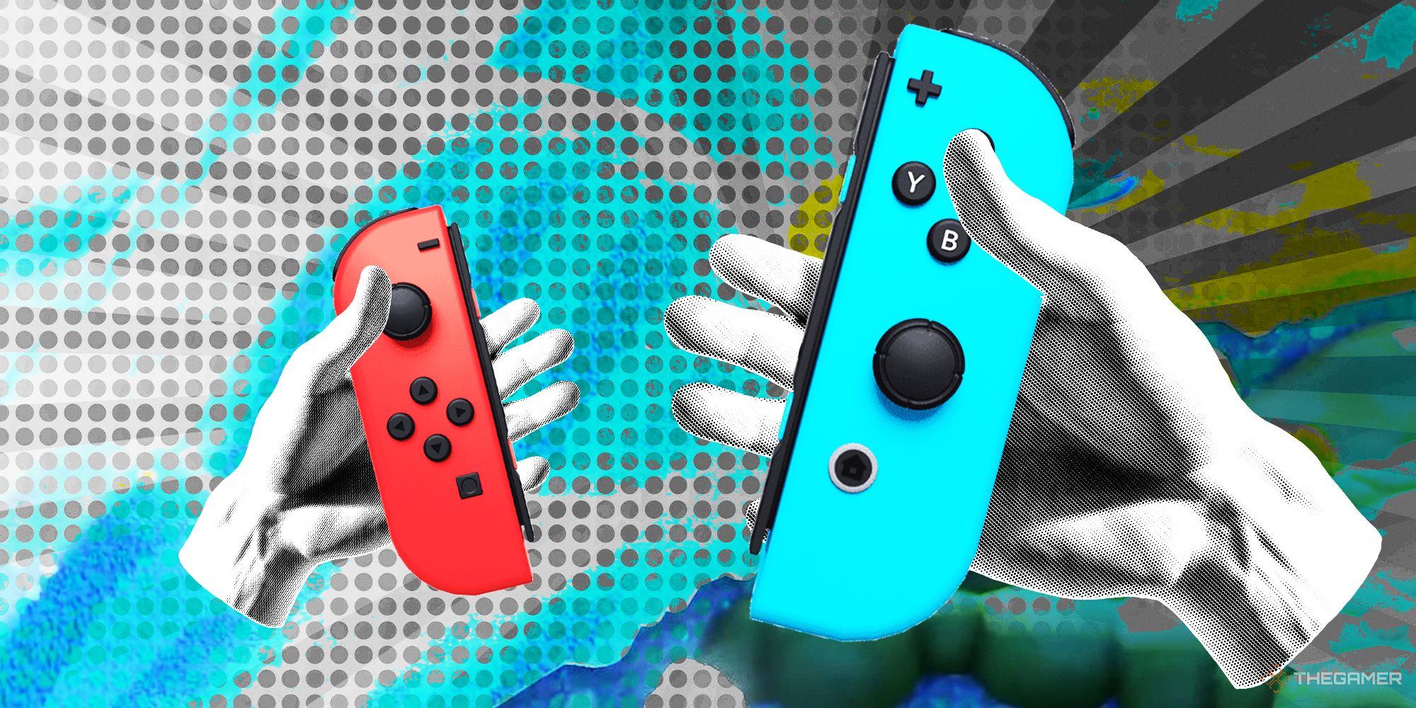 NEWS Nintendo Switch joy-cons held in two hand cut outts over a Super Mario Bros Wonder halftone background