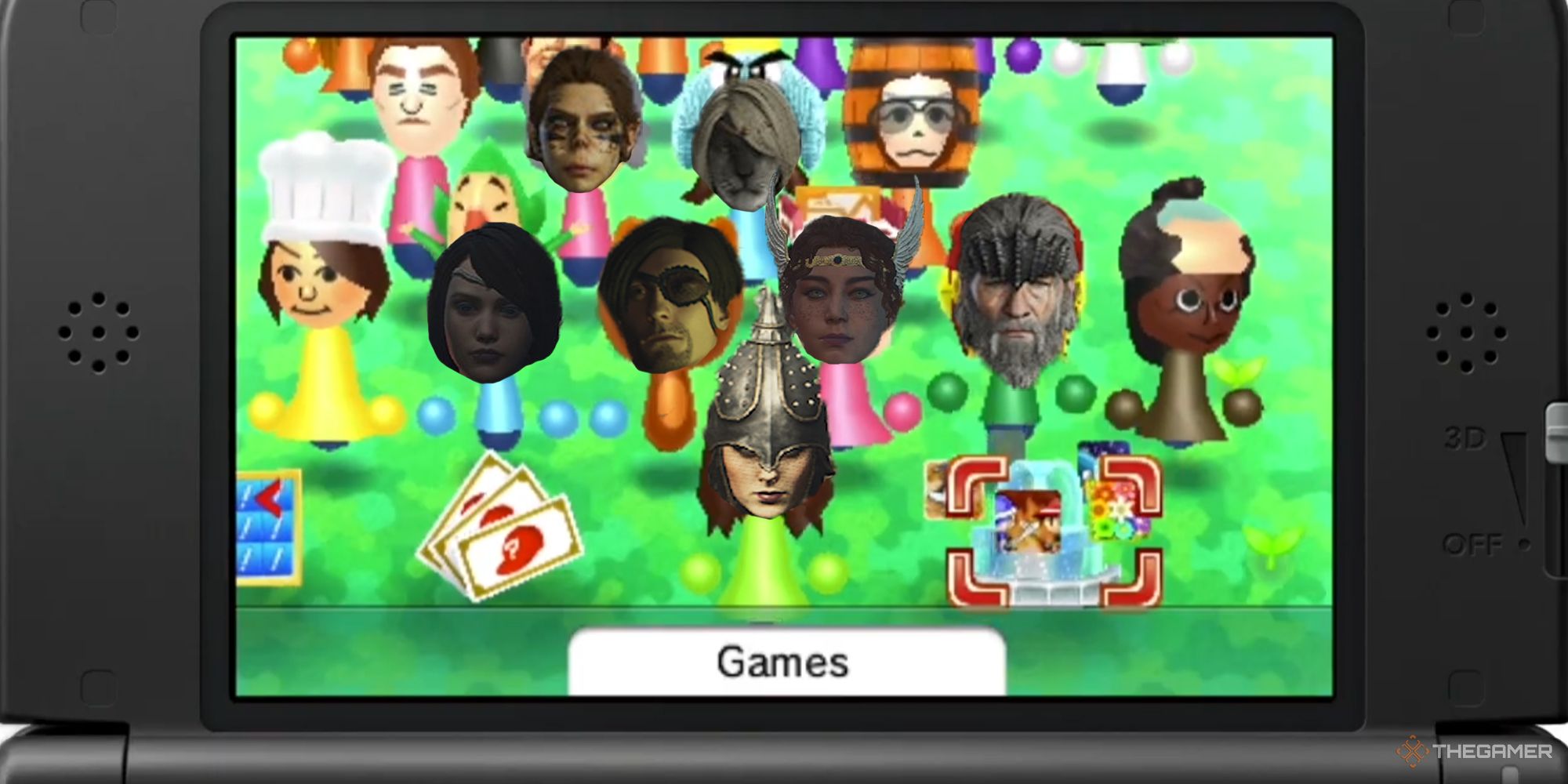 Nintendo Streetpass with the Dragon's Dogma 2 Arisen and pawn faces over the faces of the Miis.
