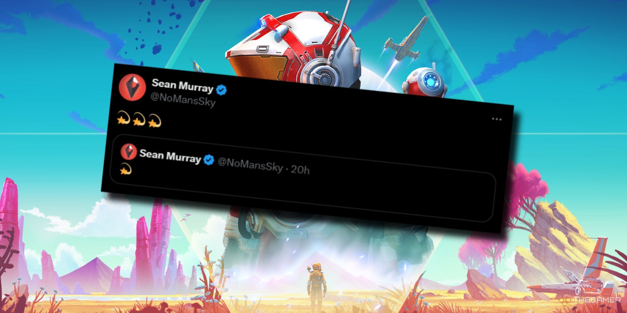 A screenshot of Sean Murray's shooting star emoji tweets over an image of No Man's Sky
