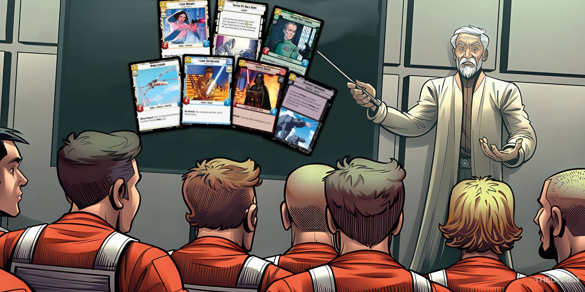 A rebel leader teaching a group of pilots about the Star Wars: Unlimited TCG