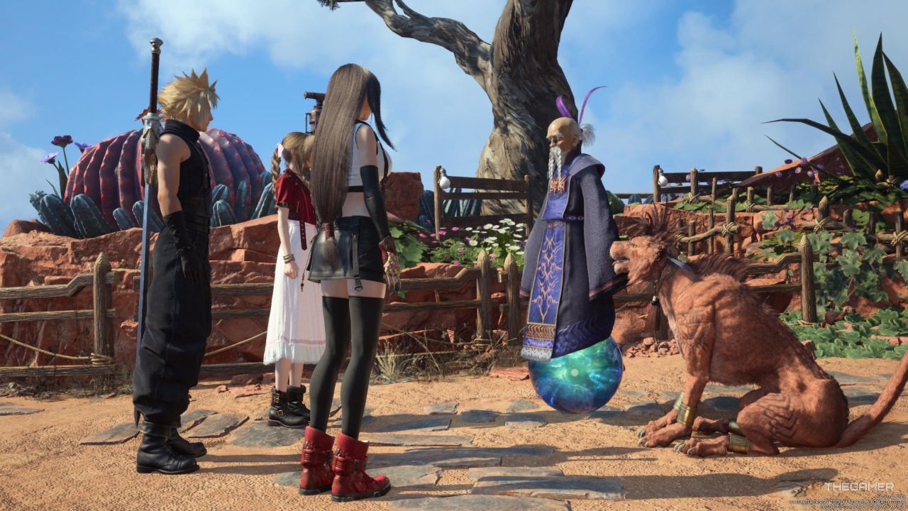 Cloud, Tifa, and Aerith talking with Bugenhagen outside of the Cosmo Observatory in Final Fantasy 7 Rebirth.