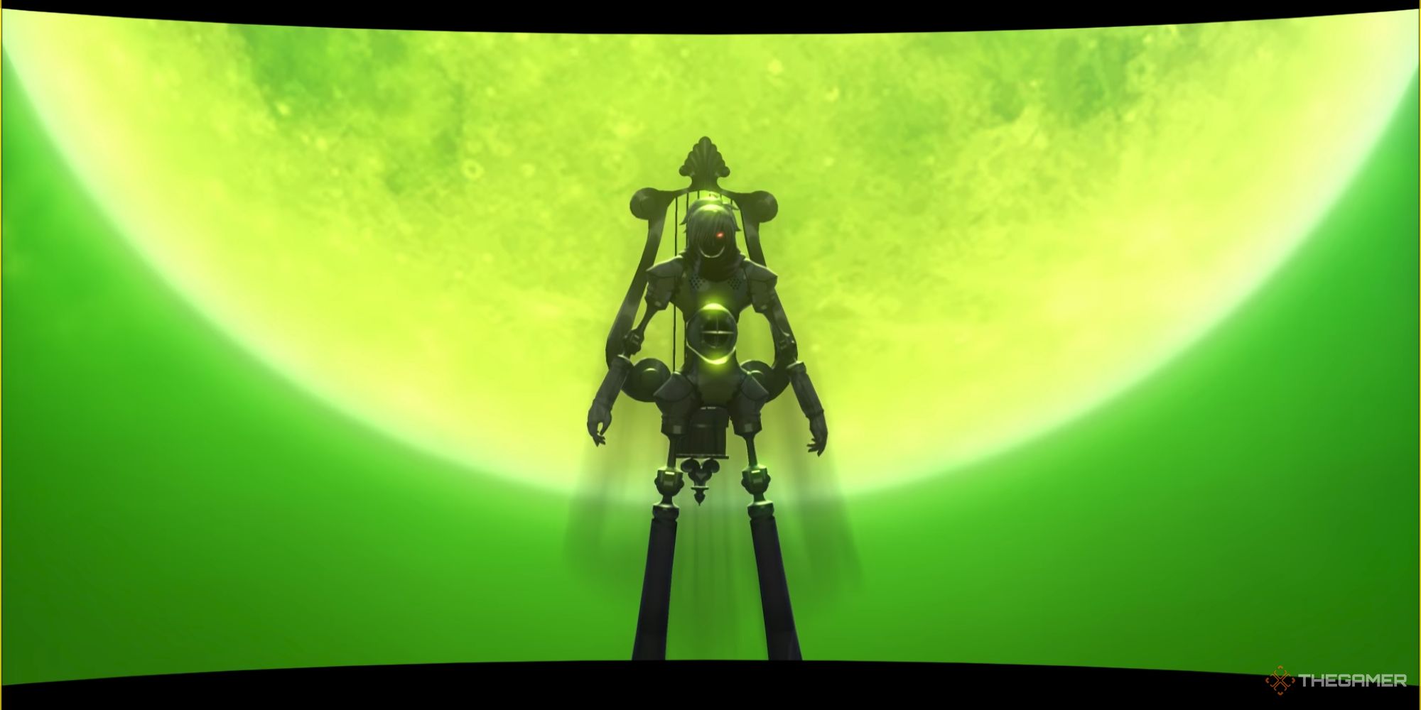 Persona 3 Reload - Orpheus hovers in front of a green full moon during the Dark Hour