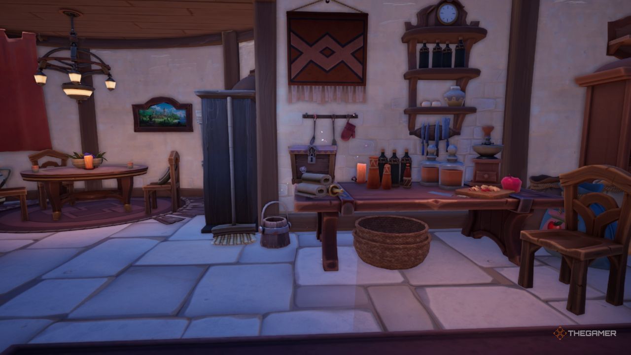 Palia location displaying Reth&rsquo;s storeroom with a Mystery Cargo box on one of the tables.