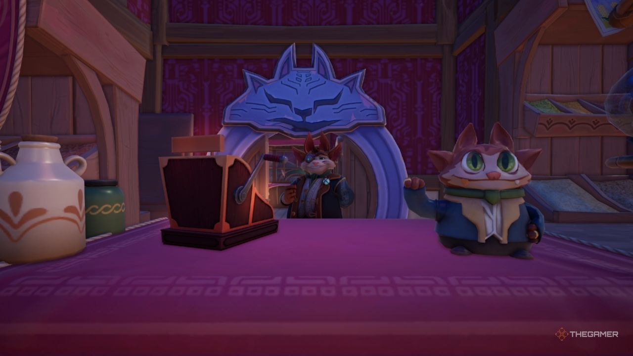 Palia character Zeki standing behind the counter in his General Store. A cash register and waving cat statue can be seen in the foreground.