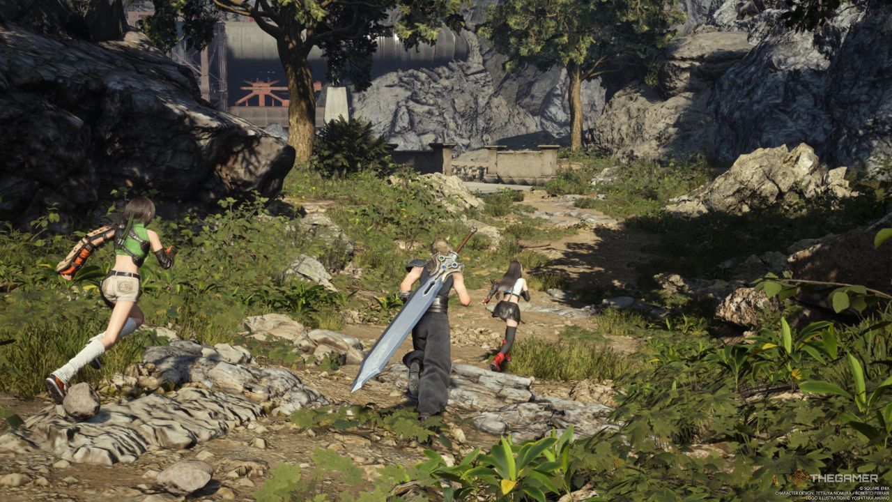 A player following Tifa to the bridge leading to Nibel&rsquo;s Mako Reactor in Final Fantasy 7 Rebirth.