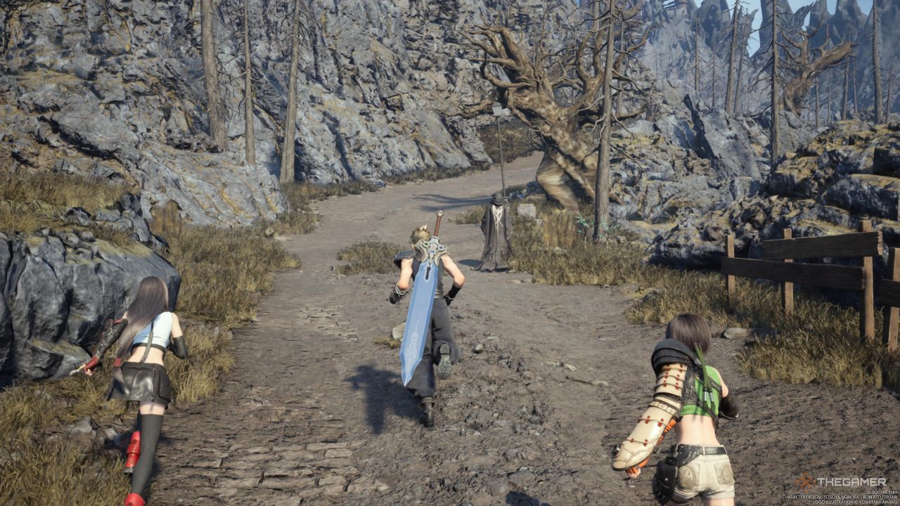 The road leading to Nibelheim with men in robes heading towards town in Final Fantasy 7 Rebirth.