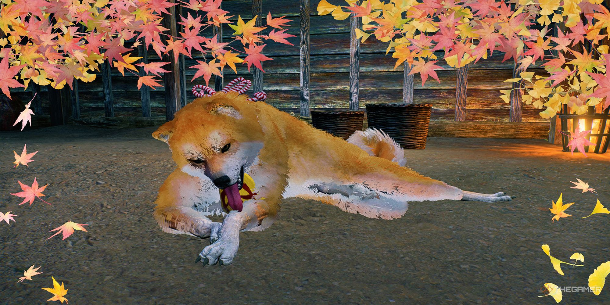 A fluffy, orange-haired dog with a yellow pouch around its neck licks its paw under falling autumn leaves in Rise Of The Ronin.