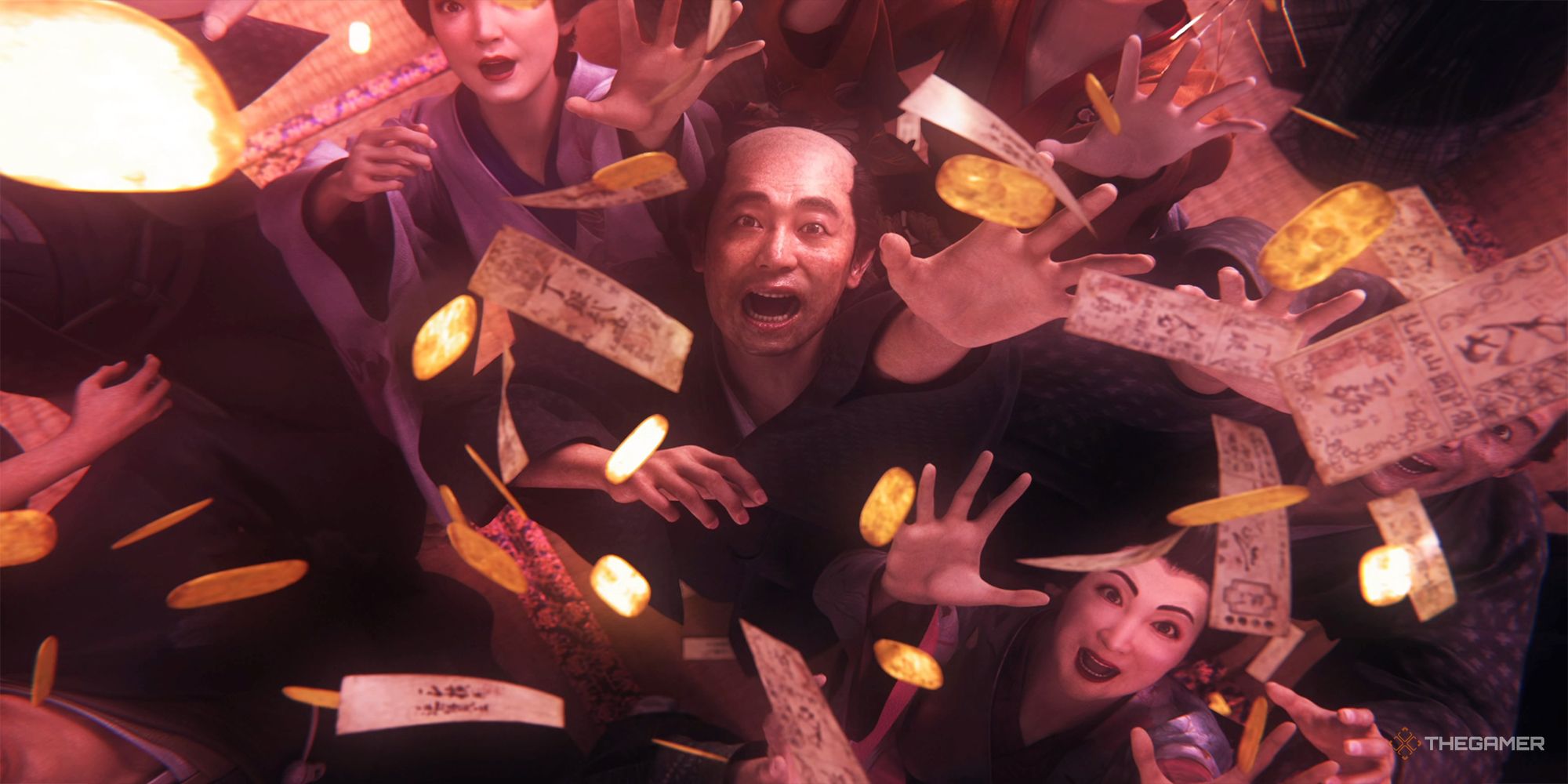 A crowd of male clients and geishas clamor for bundles of money thrown in the air inside a Pleasure District private room in Rise Of The Ronin.