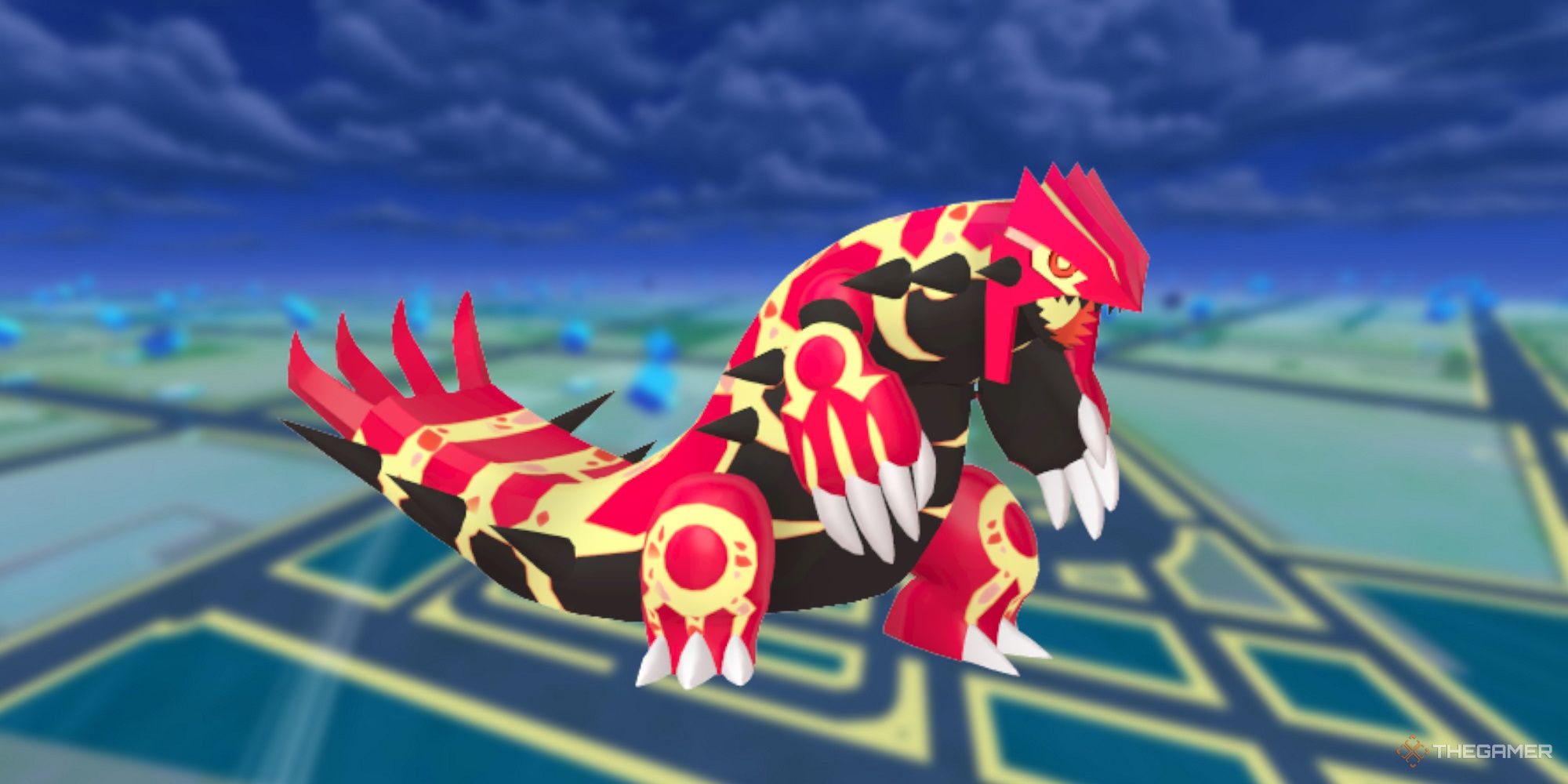 Image of Primal Groudon with the Pokemon Go map as the background