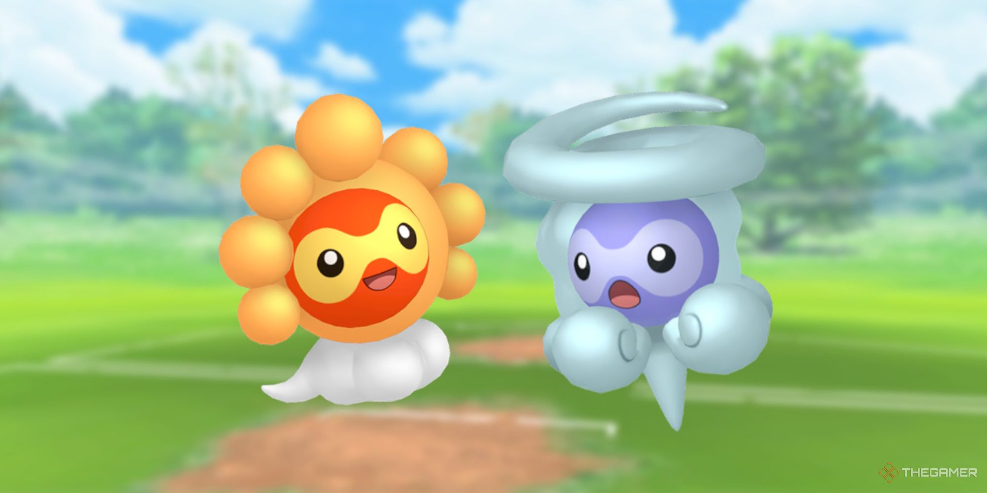 Image of Sunny Form Castform and Snowy Form Castform with the Pokemon Go battlefield as the background