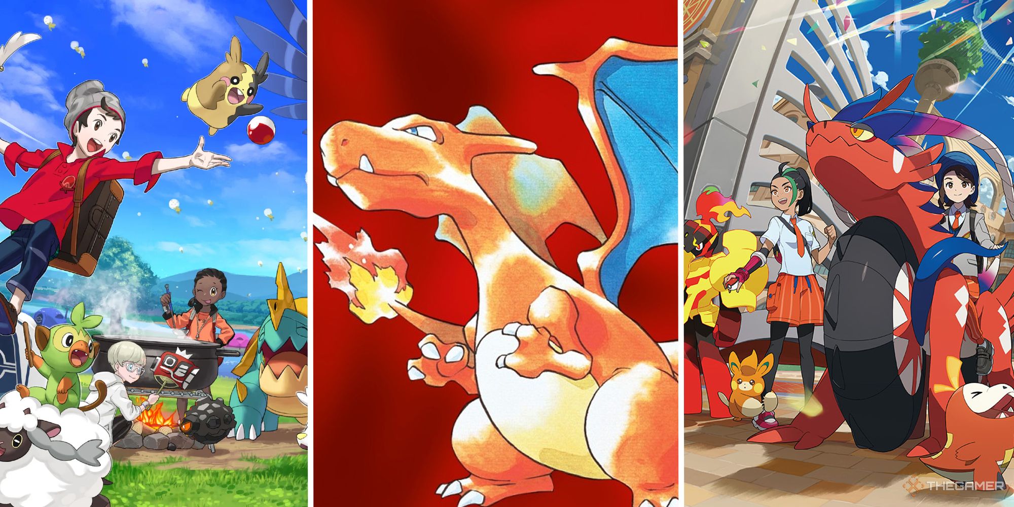 pokemon split image showing art from sword and shield, red, and scalet and violet