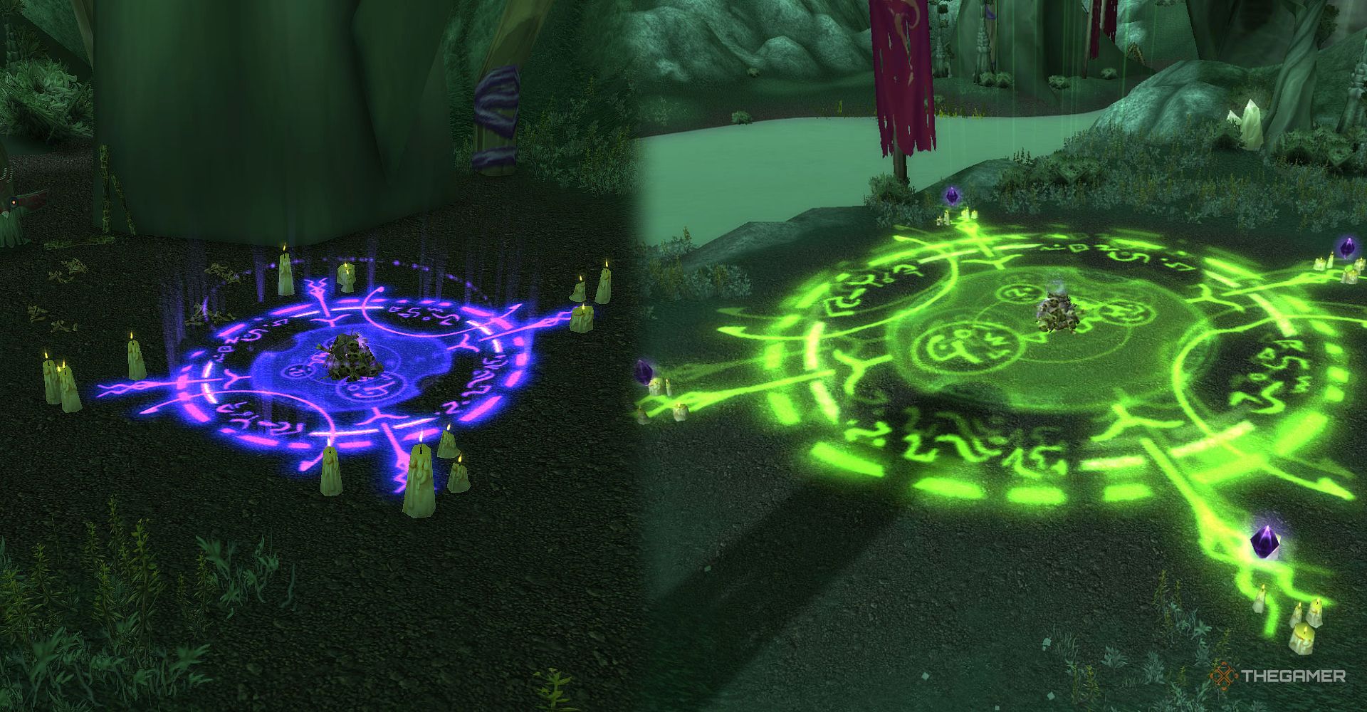 The purple, mini-boss summoning circle (left) and Terokk&rsquo;s summoning circle (right).