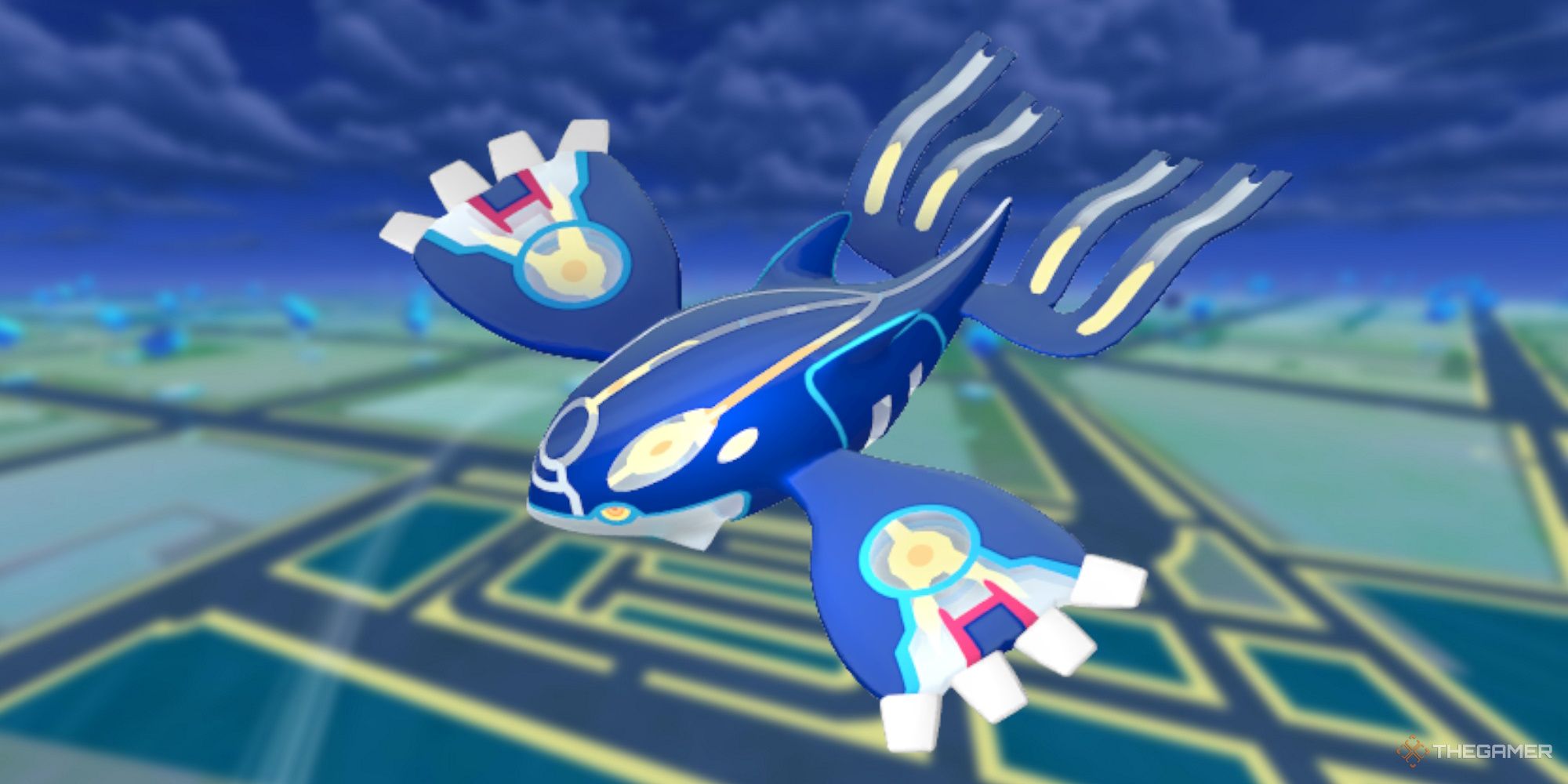 Image of Primal Kyogre with the Pokemon Go map as the background