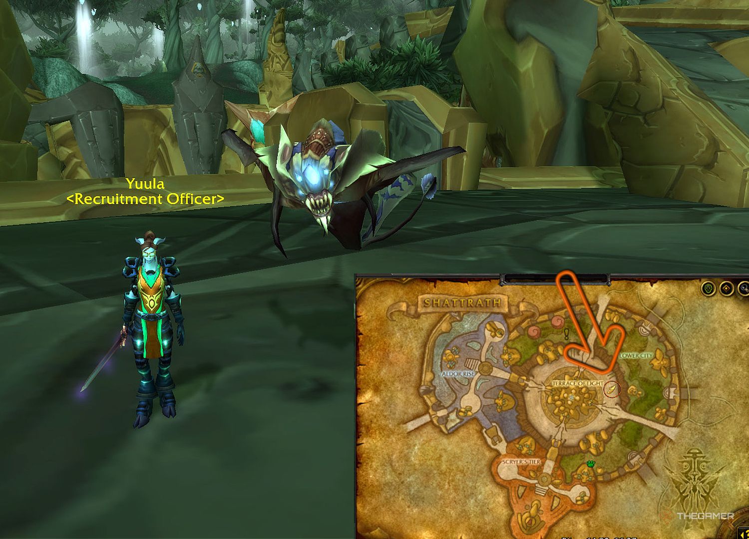 The female draenei Yuula (left) and her location in Shattrath City highlighted (right)
