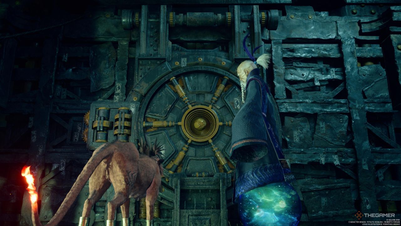 Red XIII and Bugenhagen standing in front of a sealed door in Cosmo Canyon in Final Fantasy 7 Rebirth.
