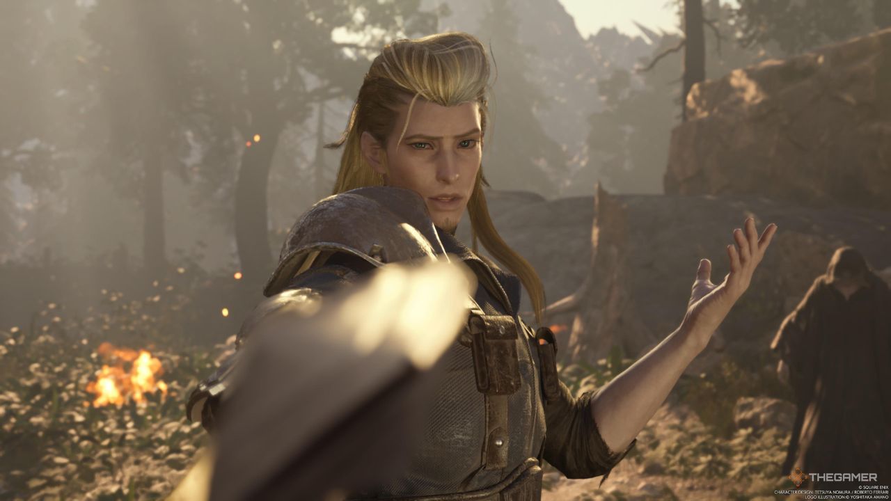 Roche preparing to battle Cloud in front of Shinra Mansion The Forgotten Specimen in its red, magic resisting form in Final Fantasy 7 Rebirth.