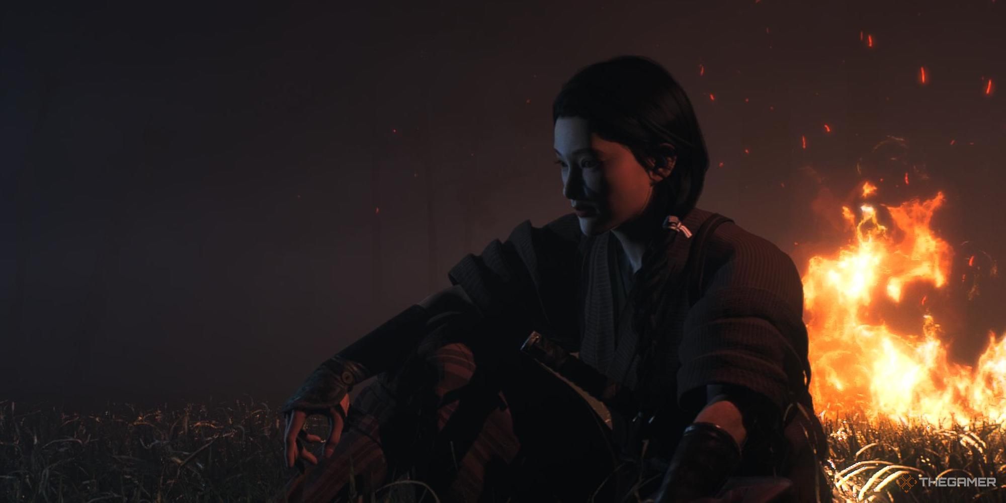 Protagonist sitting on the main menu of Rise of the Ronin
