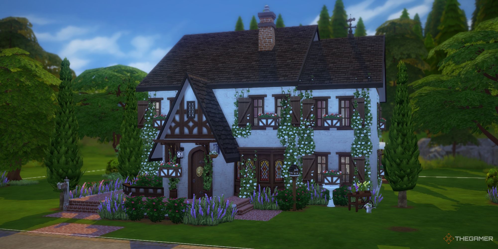 Building a cottage Tudor home in Sims 4 Build Mode