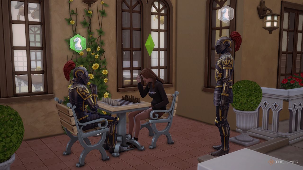 A Sim plays chess with club members at a villa