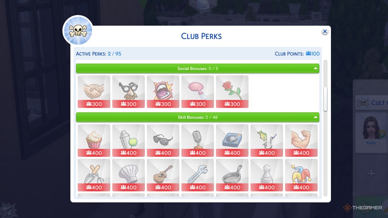 The club perks in The Sims 4 along with the amount of club points
