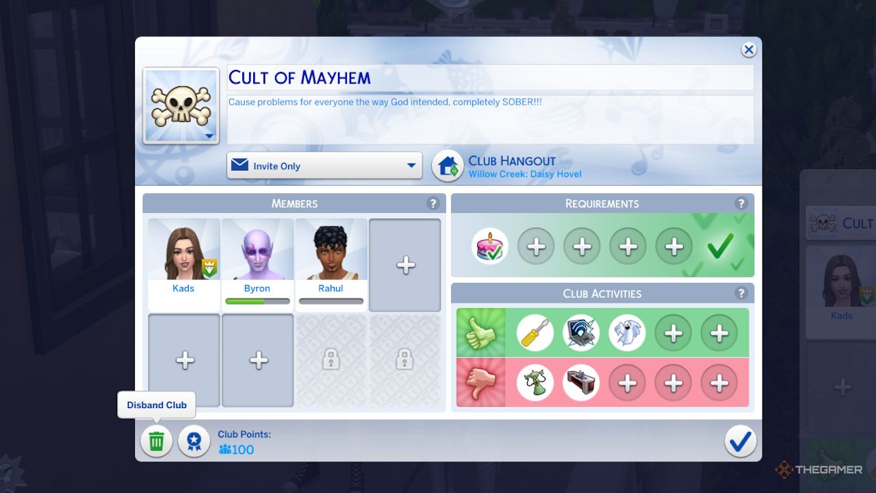 The option to disband a club in The Sims 4