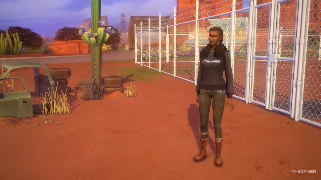 A Sim stands outside a fence in the Zombie Aftermath challenge