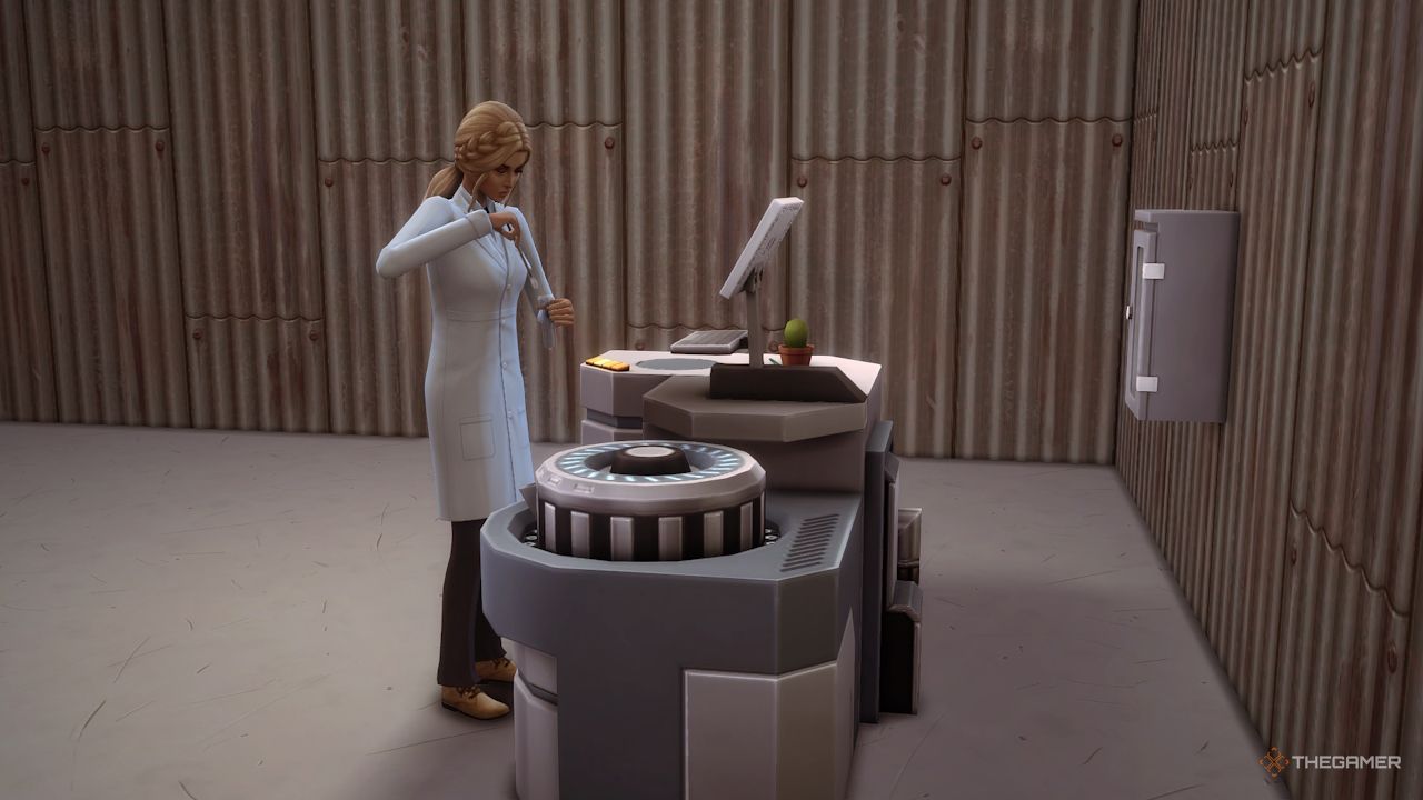 A Sim attempts to create a vaccine in a lab 