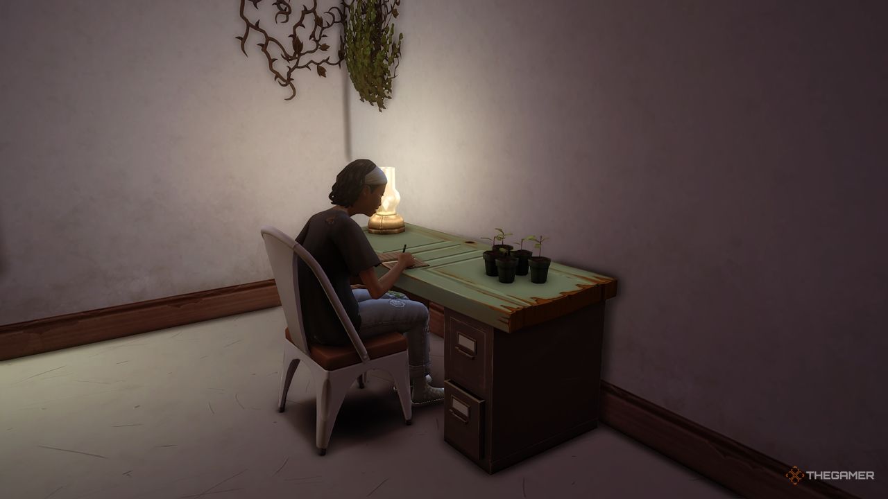 A Sim writes in their journal in a dingy room