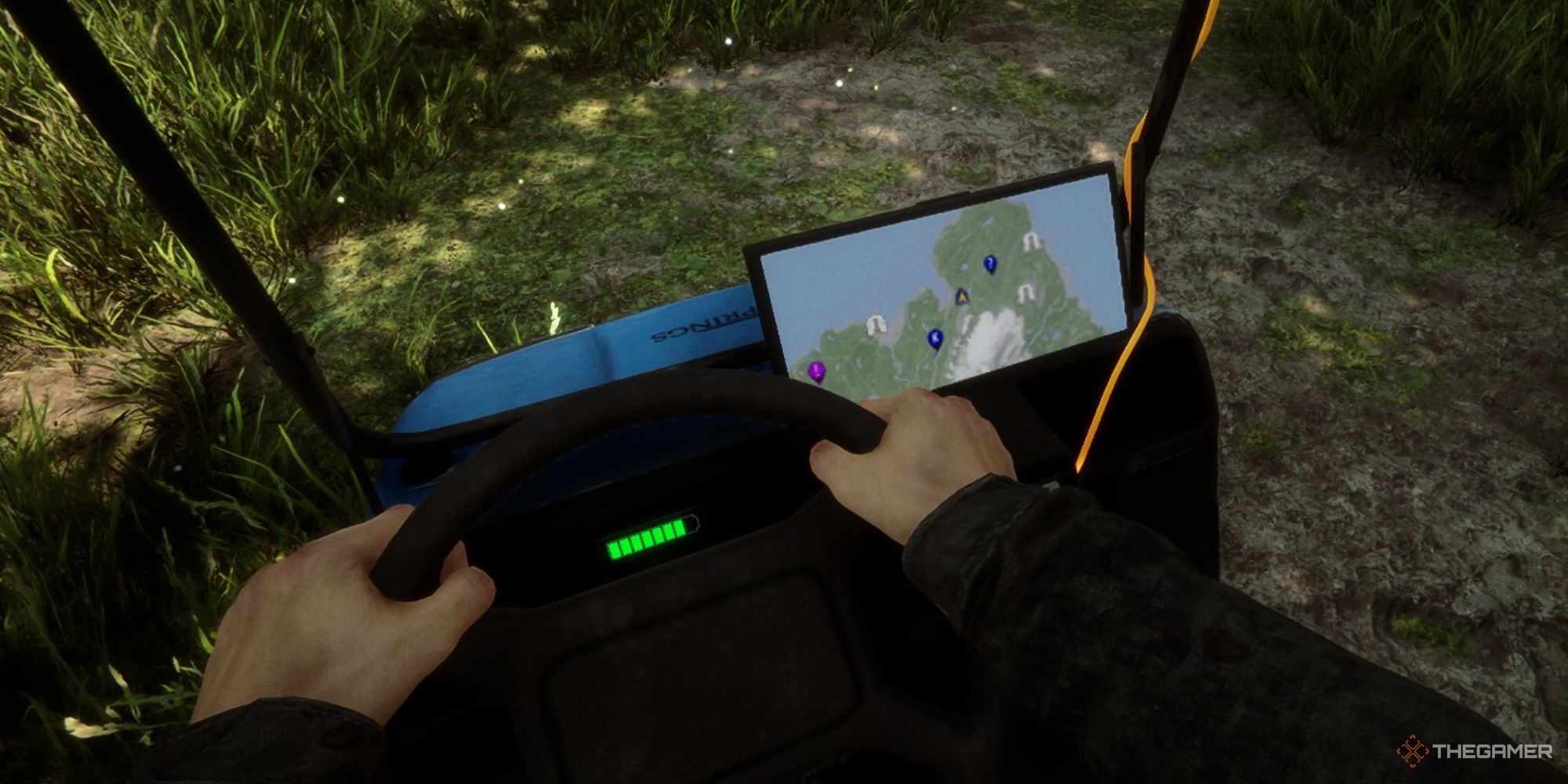A screenshot from Sons of the Forest showing the player character driving a golf cart while looking at the icons on its map screen.