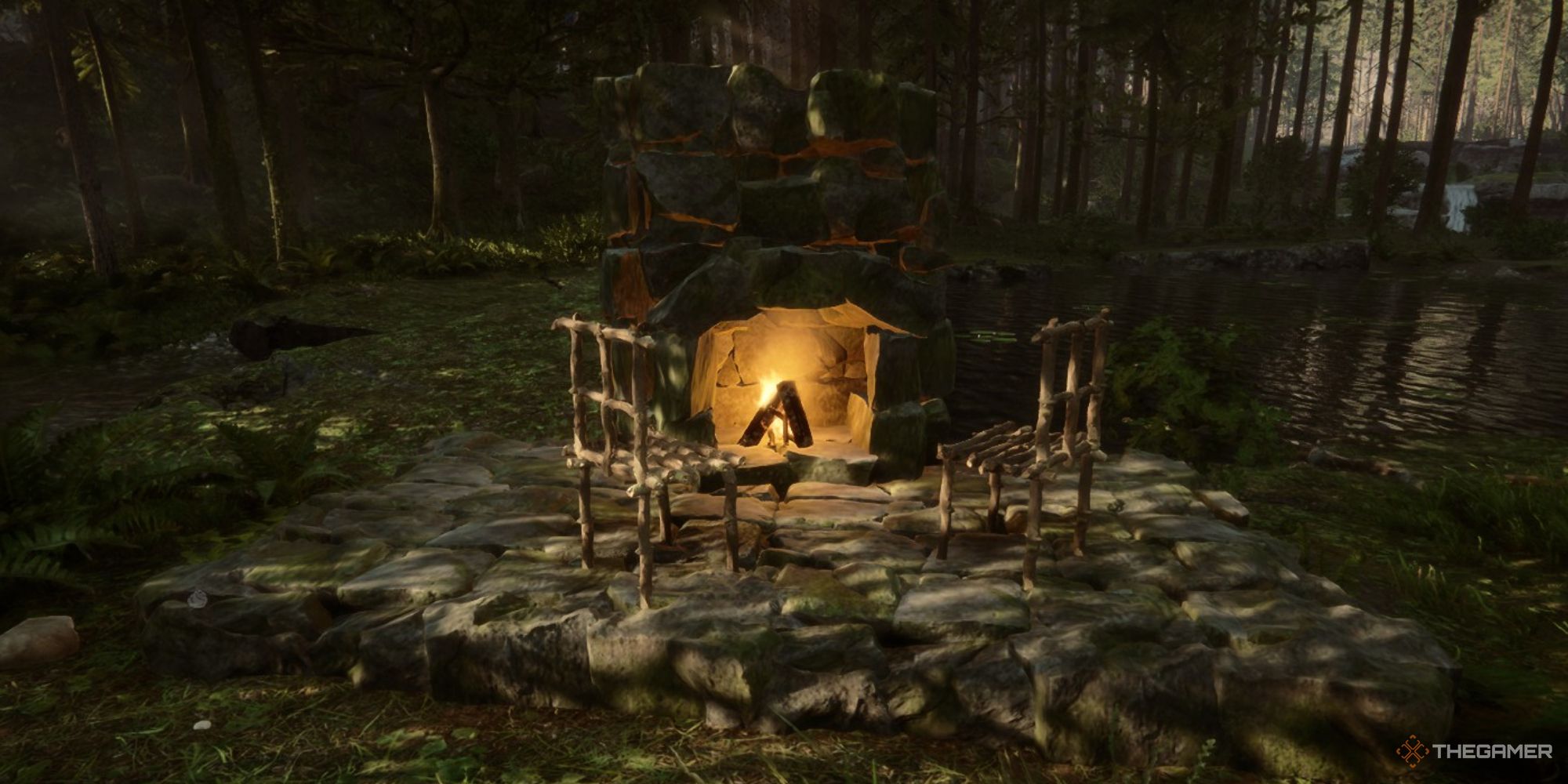 A screenshot from Sons of the Forest showing a stone fireplace on a small stone platform with two chairs made out of sticks angled towards it.